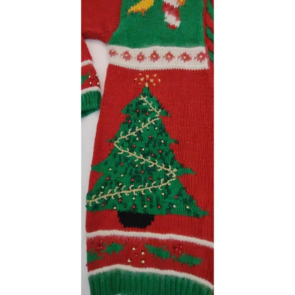 Jennifer Moore Vintage CHRISTMAS Sweater Hand Knit Beads Bows Three Women Size M - Picture 6 of 13